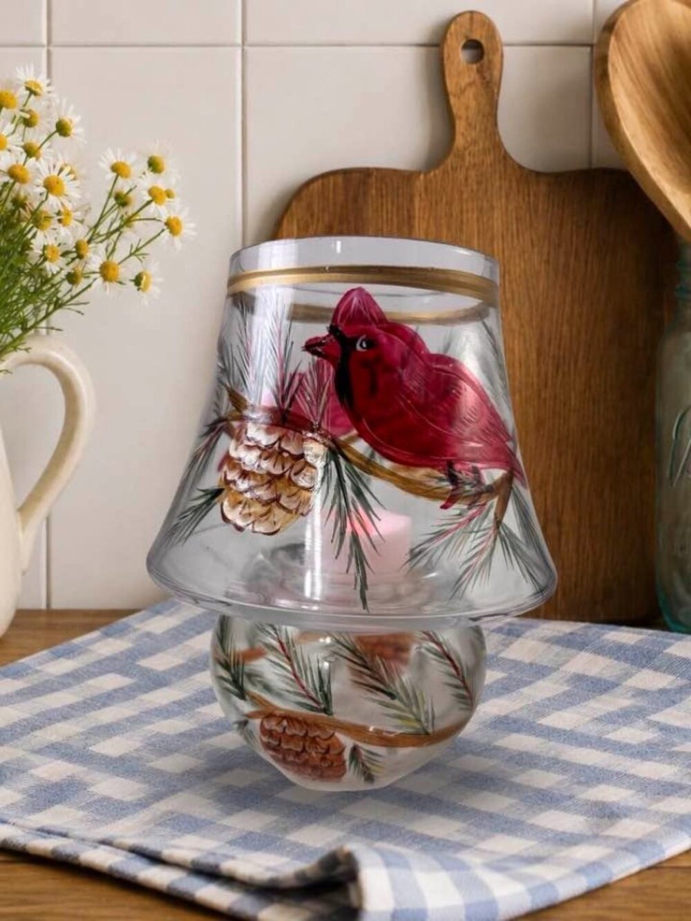 Hand-Painted Glass Candle Holder With Cardinal & Pinecone Design - Vintage-Inspi